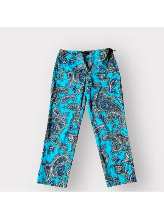 Talbots Size 4 Turquoise Blue Paisley Print Flat Front Slim Cropped Capri Pants - Picture 3 of 10
